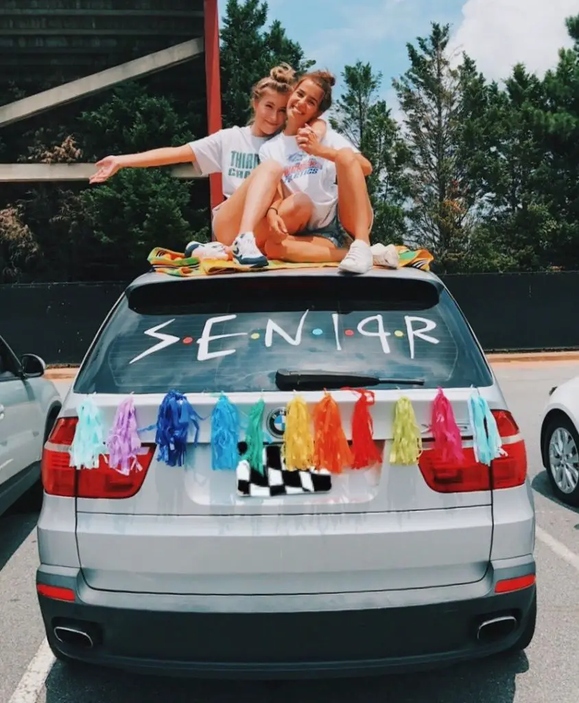 senior car decor with rainbow tassel garland
